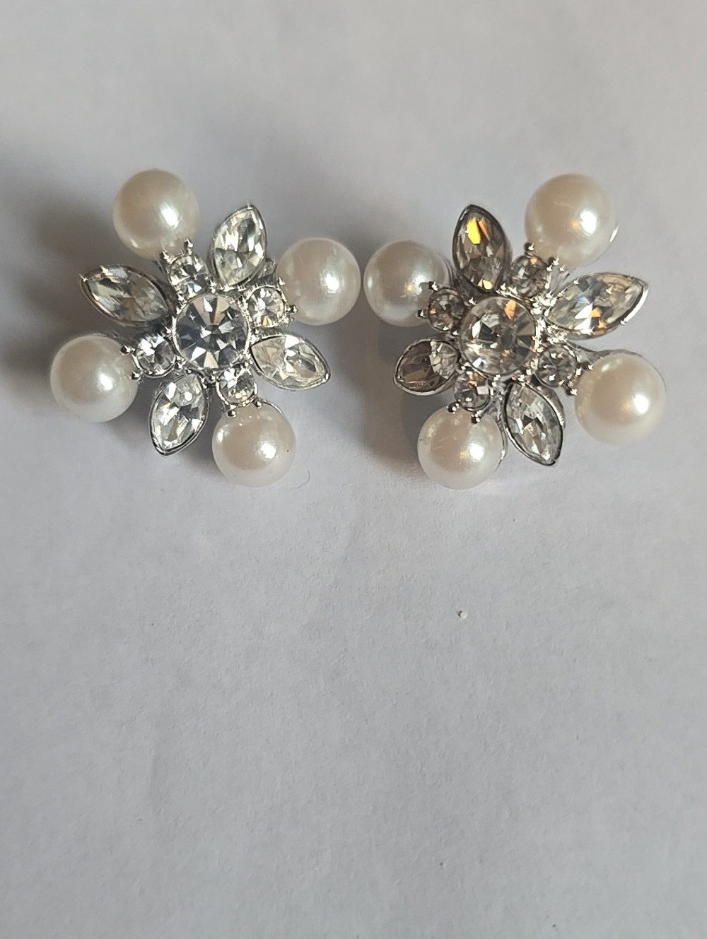 Vintage Pearl and Crystal Floral Stud Earrings - White and Silver